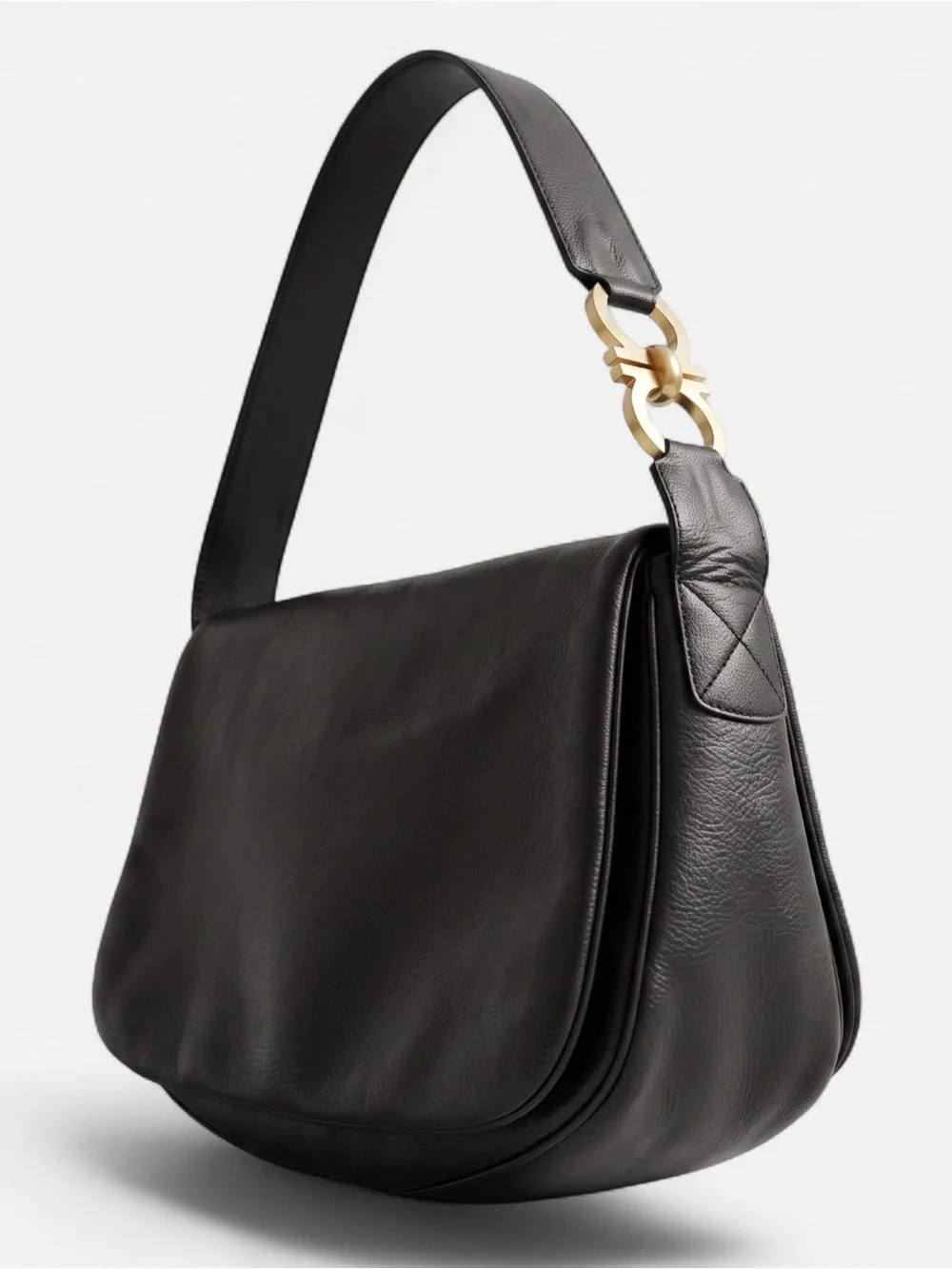 Salvatore Ferragamo Black Leather Shoulder Bag with Gold Hardware
